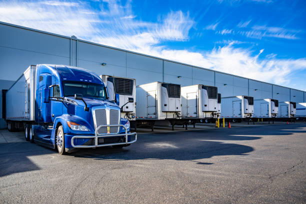 Blue semi-truck parked at a distribution center loading dock with refrigerated trailers.