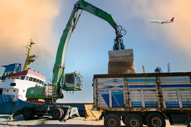Crane unloading bulk cargo at port showing break bulk vs cross docking process.