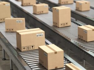 Rows of packed boxes moving along a conveyor inside a warehouse organized for emergency storage.

